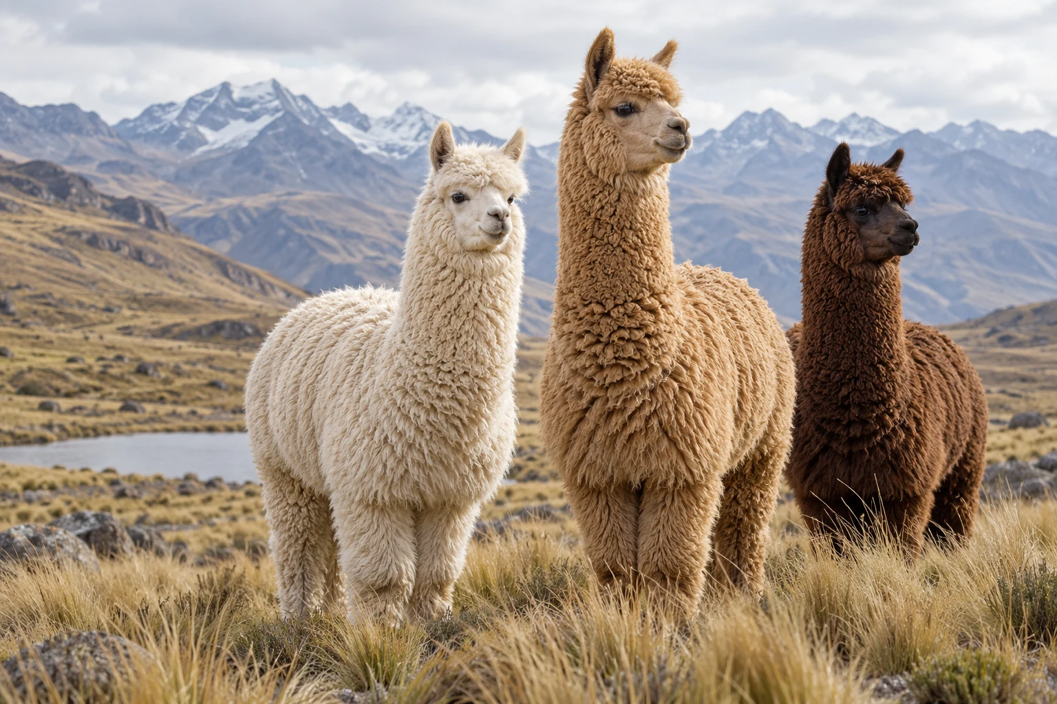 Alpaca dal manto chiaro e bruno in un paesaggio andino