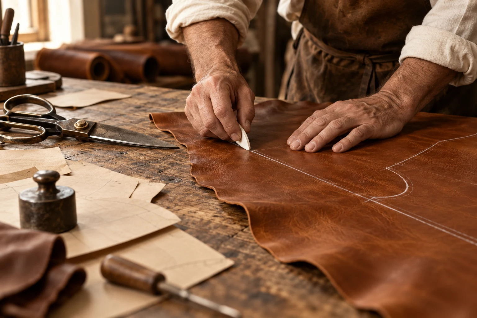 Mani al lavoro sul taglio e sulla preparazione della pelle